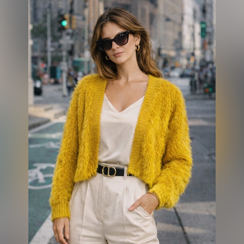 Shrinking Violet Yellow Textured fuzzy joy open cardigan size large dopamine